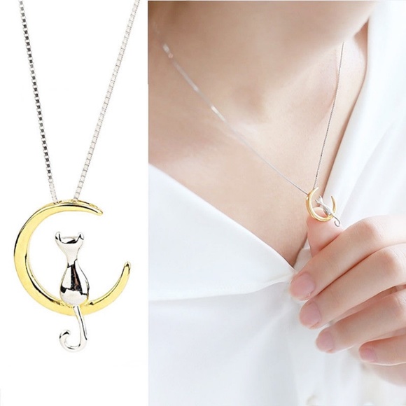 Gold & Silver Crescent Moon Cat Pendant Necklace - Picture 4 of 6